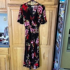 Black Floral Assymetrical Maxi Dress